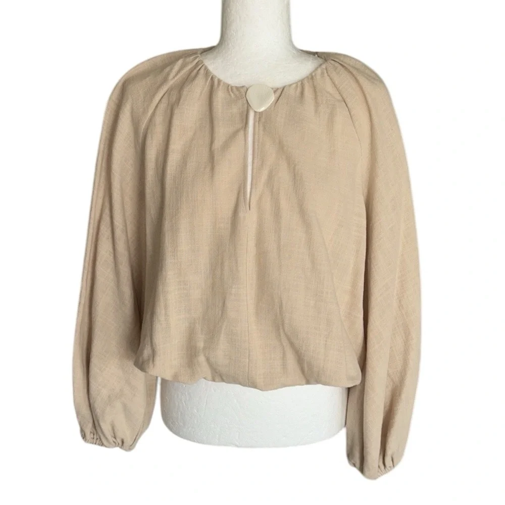 LN Zara Beige Shell Button Puff Sleeve Blouson Balloon Cropped Top Blouse - M